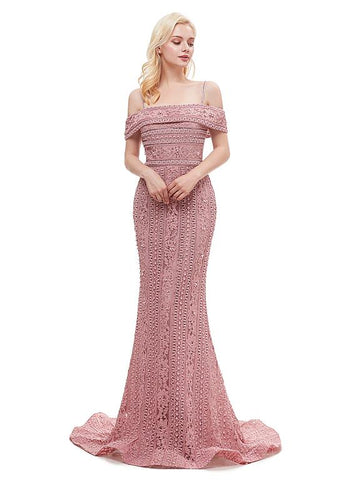 Lace Spaghetti Straps Pink Long Mermaid Evening Dress