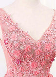 Tulle V-neck Handmade Flowers Pink Prom Dress
