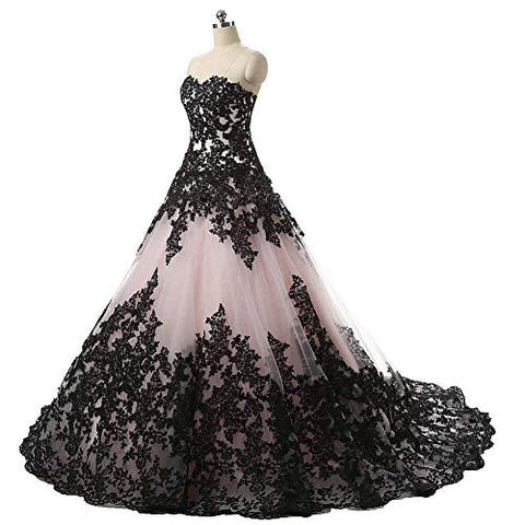 Pink and Black Applique Lace Quinceanera Ball Prom Dresses