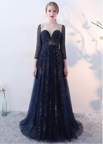 Sequin Lace Jewel Long Sleeves Beadings A-line Evening Dress