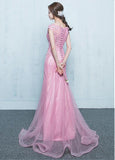 Lace Appliques Tulle Jewel Pink Mermaid Prom Dress