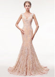  Lace V-neck Rhinestones Champagne Mermaid Evening Dress With Belt  