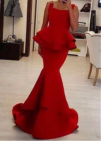 Red Satin Square Neckline Mermaid Prom Dress