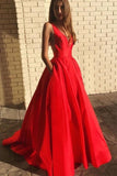 Long Backless Red Satin V Neck Prom Dress With Pockets