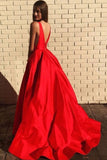 Long Backless Red Satin V Neck Prom Dress With Pockets