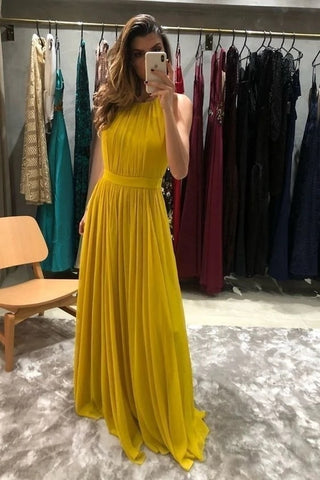 Elegant A Line Pleats Yellow Halter Chiffon Prom Dress
