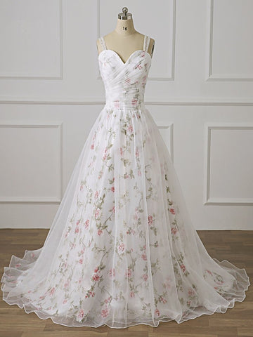 Print Floral Straps Lace Appliques White Long Prom Dress
