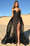 Beaded Side Slit Sexy Black Sweetheart Overskirt Lace Prom Dress