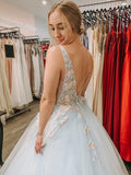 Appliques Backless V Neck Blue Flower Tulle Prom Dress