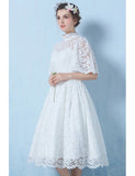 Half Sleeves A Line Tea Length High Neck Lace Wedding Dress With Belt