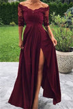 Short Sleeves Lace Appliques Burgundy Off-The-Shoulder Side-Slit A-Line Prom Dress