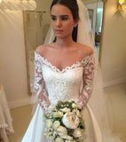  A-Line White Satin Off the Shoulder Long Sleeve Appliques Wedding Dress