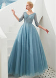 Blue Glittering Puffy Ball Gown Prom Dress With Beadings