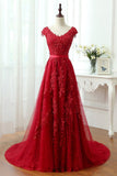 Beading Lace Tulle Long Red V Neck Appliques Prom Dress