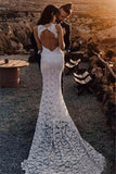 Open Back Mermaid Sexy Side Lace Appliques Halter Slit Wedding Dress