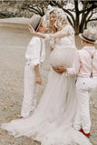 Lace Maternity Tulle Skirt Appliques 3/4 Sleeves Wedding Dress