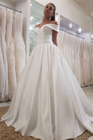 Long Ruffles Cheap Off The Shoulder Satin Wedding Dress