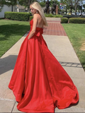 Long A Line V Neck Red Satin Prom Dress With Bowknot
