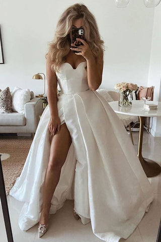 Satin Long Pleats White Sweetheart Prom Dress With Slit