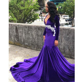 Appliques Purple Mermaid Deep V-neck Long Sleeve Prom Dress