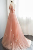 Appliques Straps Long Pink Tulle Flowers Prom Dress