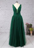 Champagne Tulle V-neck Appliques A-line Prom Dress