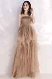 Champagne Tulle Ruffles Long Straps Prom Dress