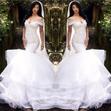 Beads Mermaid Off The Shoulder Tiered Tulle Sexy Wedding Dress
