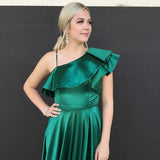 A-Line Green Long Satin One Shoulder Prom Dress With Side Split