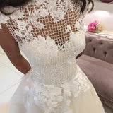 Bateau Cap Sleeves Court Train Wedding Dress with Lace Appliques