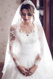 Long Train See Through Back Bride Lace Long Sleeve Ball Gown Wedding Dress