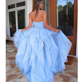Lace Hi Lo Tulle Beading Light Blue Sweetheart Prom Dress