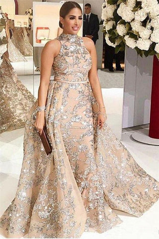 High Neck Champagne Overskirt Silver Beads Appliques Prom Dress