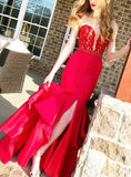 Red Mermaid Appliques Long Sweetheart Prom Dress with Side Slit