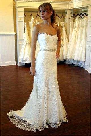 Sexy Bridal Strapless Lace Close-fitting Wedding Dress with Crystal Belt US12 / As the picture