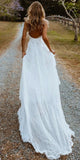 Appliques Floor Length Lace V Neck A Line Wedding Dress With Slit
