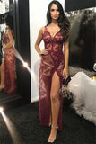 Tulle Burgundy V-Neck Lace Beading Side-Slit Detachable Prom Dress
