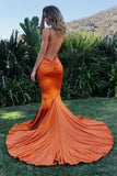 Satin Backless Mermaid Deep V Neck Orange Sweep Train Prom Dress