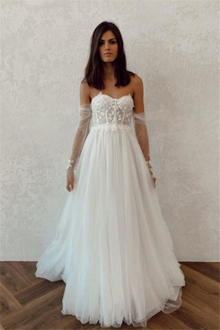 Tulle Long Sleeves Backless Strapless A-line Appliques Wedding Dress