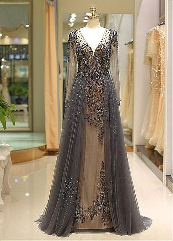 Tulle V-neck Long Sleeve A-line Evening Dress With Beadings