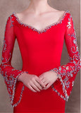  Satin V-neck Red Long Sleeve Mermaid Evening Dress