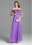 Purple Embroidery Lace & Tulle Off-the-shoulder Prom Dress
