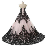 Pink and Black Applique Lace Quinceanera Ball Prom Dresses