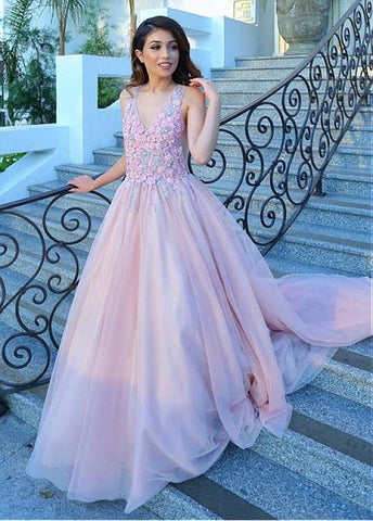 Tulle V-neck Pink Flower A-line Prom Dress With Appliques