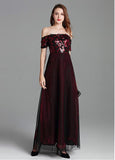 Tulle Off-the-shoulder Sequins Burgundy Evening Dress