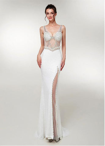 Slit Tulle V-neck White Long Mermaid Prom Dress