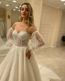 Tulle Sweetheart Puffy Sleeves Beading A Line Wedding Dress