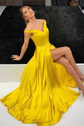 Off The Shoulder Long Yellow Satin A Line Prom Dresses With Slit