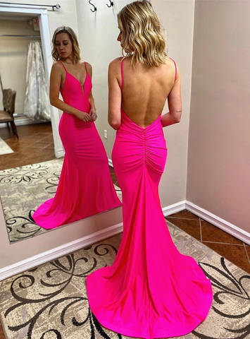 V-neck Backless Sexy Pink Mermaid Pleats Prom Dress
