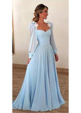 Blue Chiffon Sweetheart 3D Flowers A-line Prom Dresses With Feather